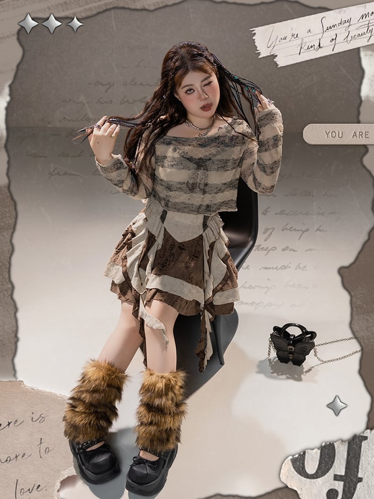 Punk Plus Size Asymmetrical Neckline Brown Striped Coverup Wasteland