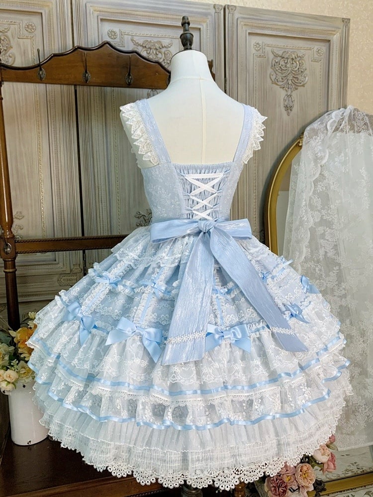 Blauer Lagenrock Hanayome-Kleid Süßer Hime Lolita-Pulloverrock mit abnehmbaren Schleifen