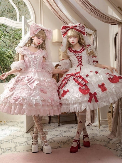 Red and Accents Lace Ruffles with Dress Lolita White Sweet Bow Layered
