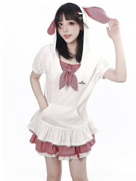 White Red Gingham Bunny Ear Hooded Short Sleeve Peplum Top - PINK SAVIOR