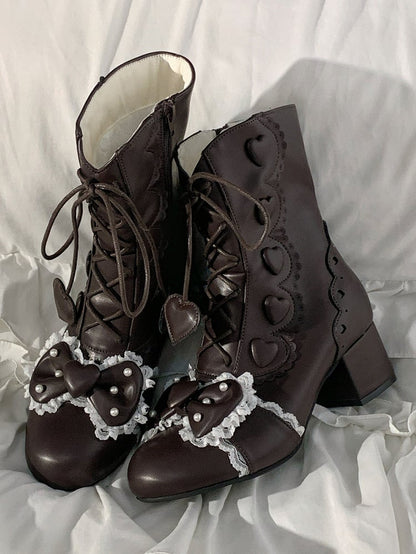 Heart Bow Hybrid Details Mid System in Block Closure Heel Boots Top Brown Beadwork Elegant Lolita PU with
