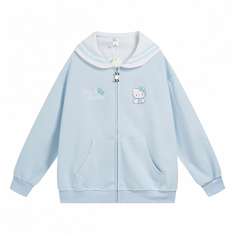 ピンク/ライトブルー/グレー/ブラック キティプリント セーラーカラー ジップ開閉 厚手スウェットシャツ