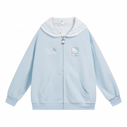 ピンク/ライトブルー/グレー/ブラック キティプリント セーラーカラー ジップ開閉 厚手スウェットシャツ