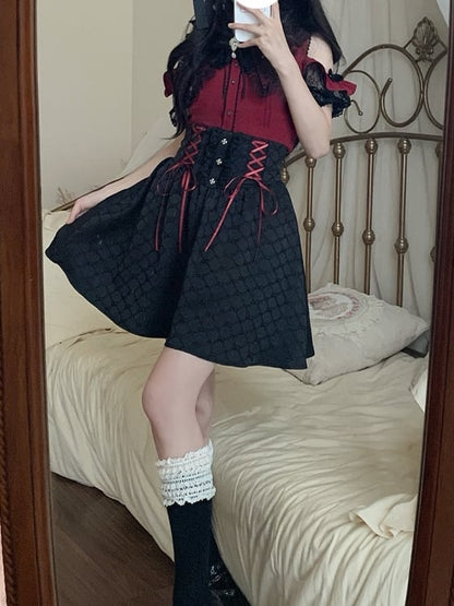 Red Open-Shoulder Set: Kei Blouse Black 3-Piece Bow Skirt Tie and Jirai Contrast High-Waist with