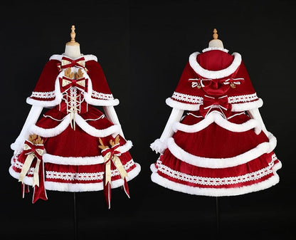 + Christmas Full White Sleeves Lolita Long Set Red Dress Cape Top