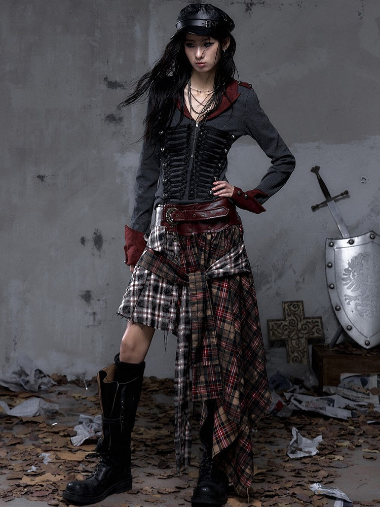 Asymmetrical Knotted Dual Triangular Hemline with Waistband Plaid Front Ties Dark Red PU Vintage Punk Skirt Rock