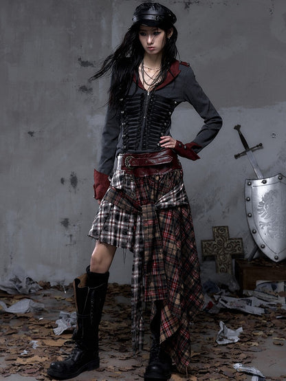 Asymmetrical Knotted Dual Triangular Hemline with Waistband Plaid Front Ties Dark Red PU Vintage Punk Skirt Rock