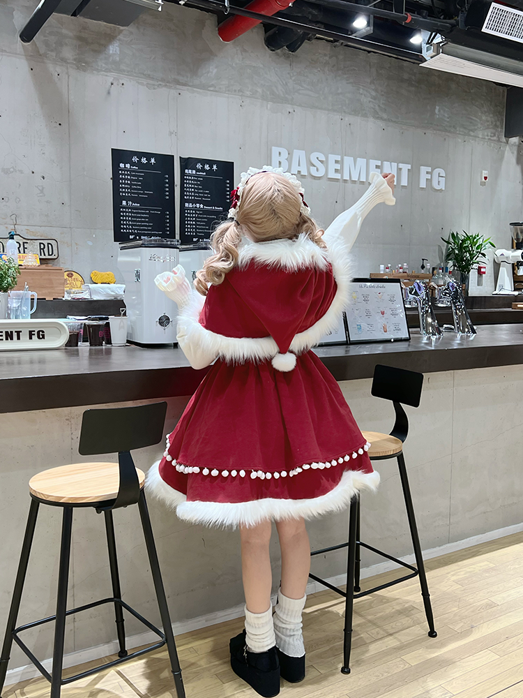 Detachable Plush Sweet Bow Cape Charm Lolita with Pompon Red Christmas Wine Trim