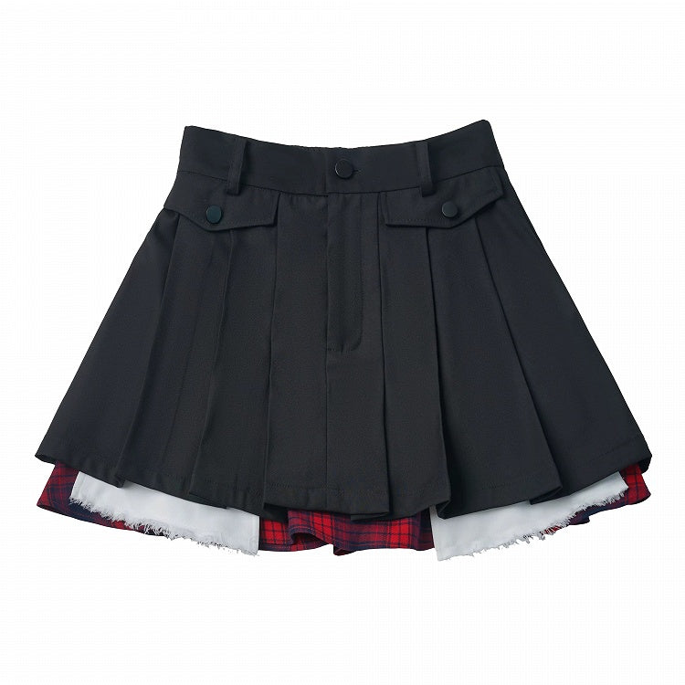 Black Layered Pleated Skirt with Plaid Hem - PINK SAVIOR