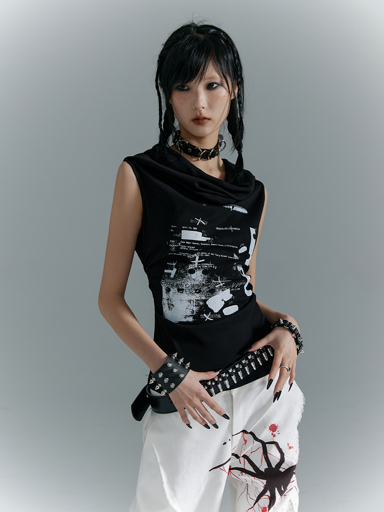 Mit weißem Aufdruck Schwarzer Strick-Kapuzen-Tanktop-Buchstabe