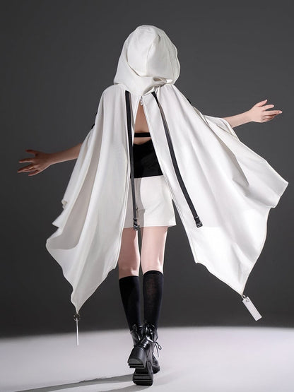 Straps Hem Ouji with High-low Hooded Cyberpunk and Lolita Buckle Cape White Futuristic