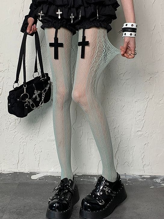 Gyaru Y2K Grüne Hohlstrumpfhose Mint Design Mode