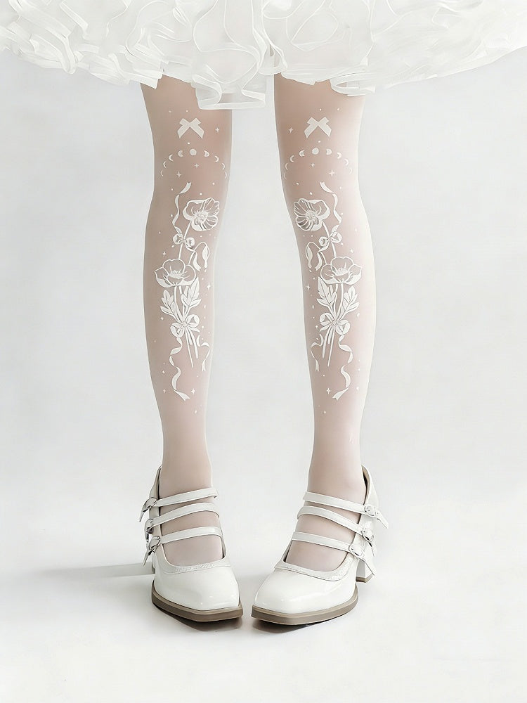Floral Bow Print White Sheer Tights - Alcatraz Island