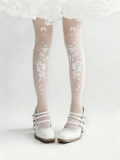 Floral Bow Print White Sheer Tights - Alcatraz Island