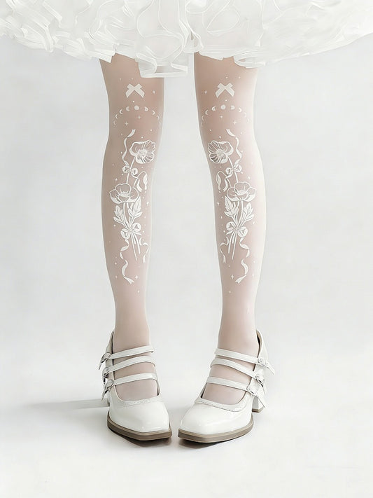Floral Bow Print White Sheer Tights - Alcatraz Island