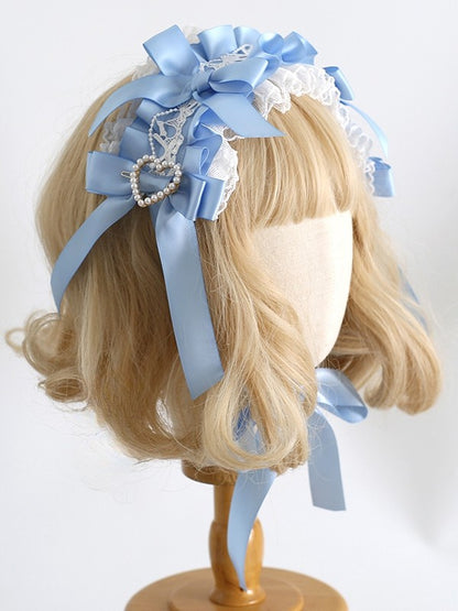 BlueWhite Details Bowknot Design Lolita Hairband Ruffled Heart Beaded Sweet