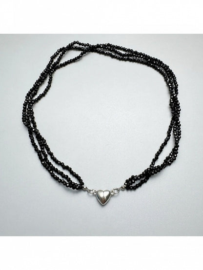 Obsidian Bead Necklace with Silver Heart Charm - YSHXS