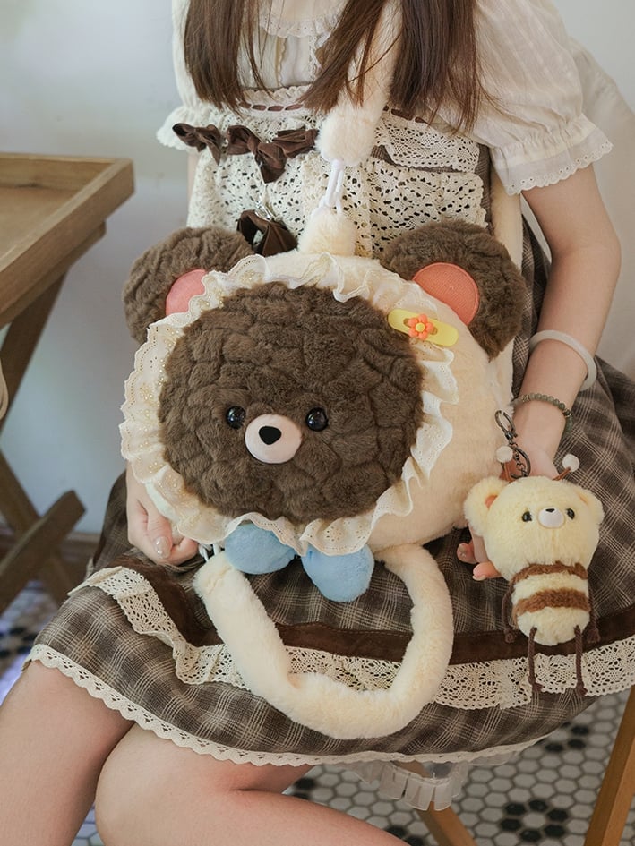 Backpack Bear-shaped Plush Lace BrownBeige Trim