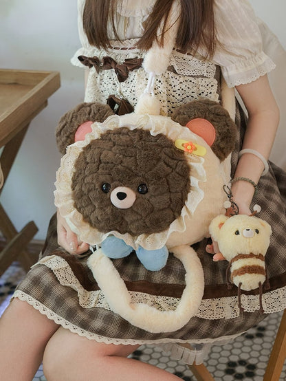 Backpack Bear-shaped Plush Lace BrownBeige Trim