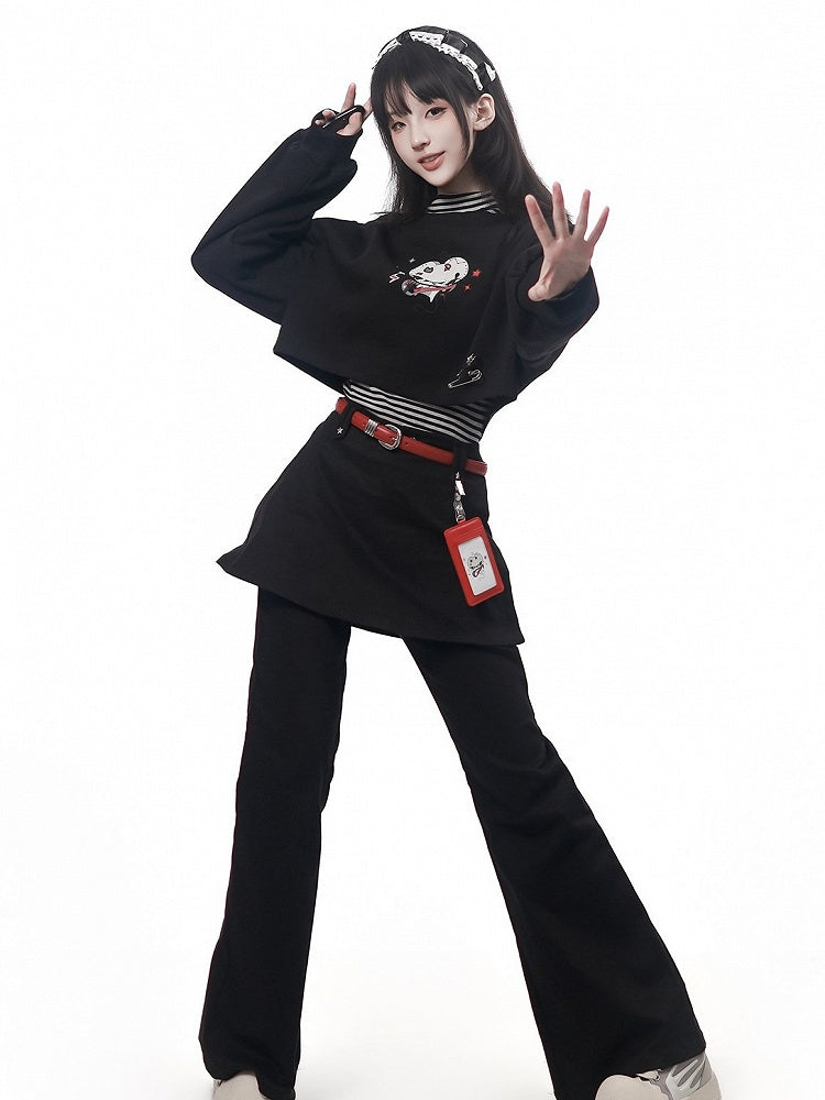 Black Flare Pants with Skirt Overlay Design and Belt - PINK SAVIOR