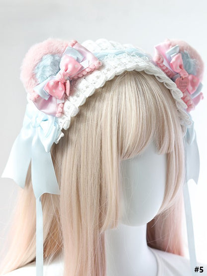 Lolita Hairclip/Hairband/KC/Mini Pink Plush Sweet Blue Bear Hat Bowknot Ear
