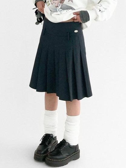 Pleated Side Dark Zip Skirt Preppy Gray with Style Concealed