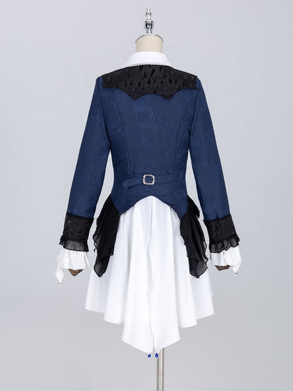 Set Weiß Dark Gothic Ärmel Drei Lolita Shorts Shirt Prince Coat + Lange Ouji Stücke Blau