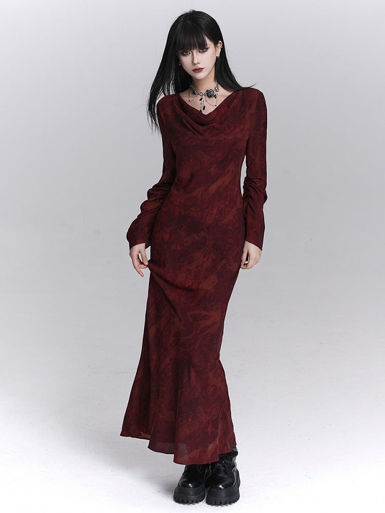 Fall with Gothic Ankle-Length Dress Adjustable Mermaid Red Tie Cuffs