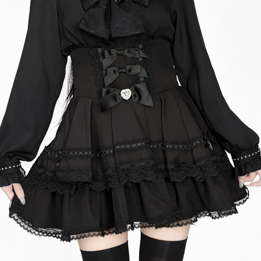 Skirt Rhinestone Double-Layer Kei Lace Bow Jirai with High-Waisted Black Decoration Detail Tulle