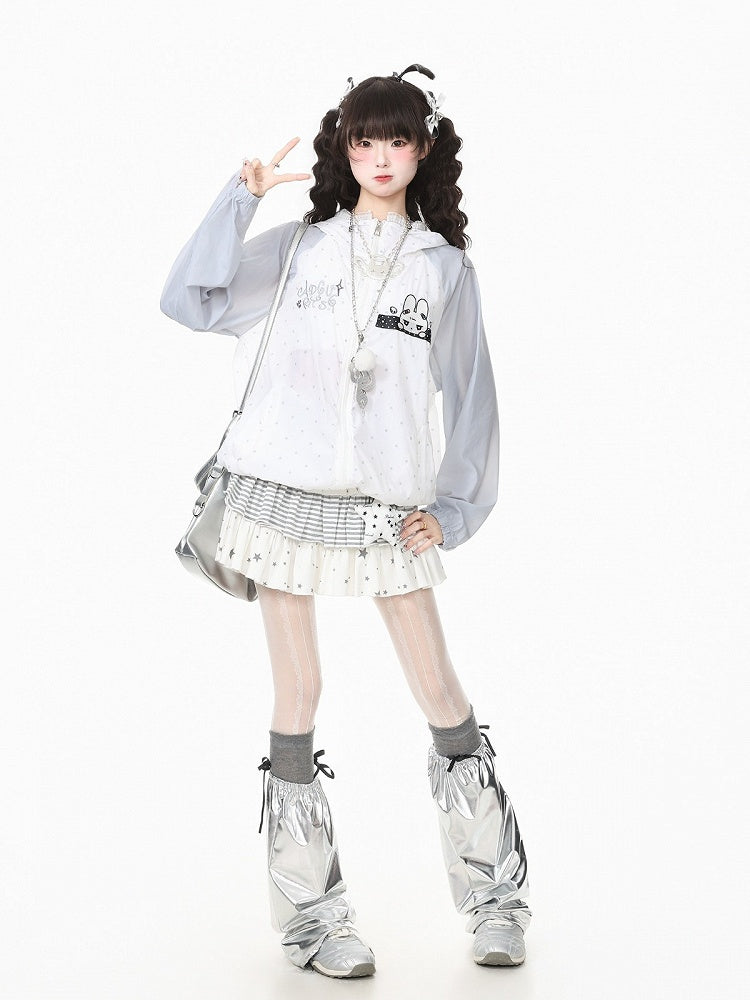 Charming White Rabbit-Ear Hooded UV Coat with Dotted Print