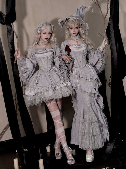 Witch Lolita Bolero with Bell Cuffs and Layered Ruffle Long Sleeves in Silver Gray - With PUJI