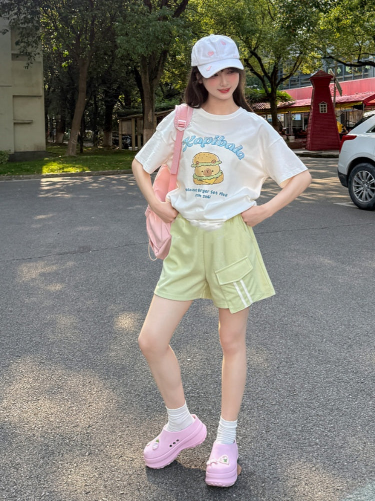 ショートパンツ グリーン ドローストリングウエスト カジュアル スポーツ