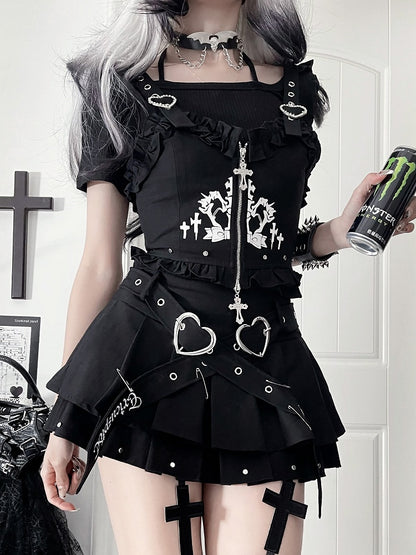 Black Ruffled Studded Vest with Cross Zip & Heart Straps