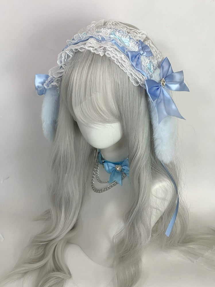 Bunny Ear Bow Heart Rhinestone Ruffled Lace Hairband