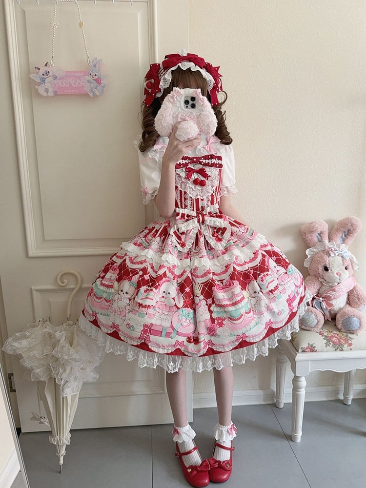 Crimson Bunny Cherry Print Sweet Lolita Jumper Dress - Miss Han