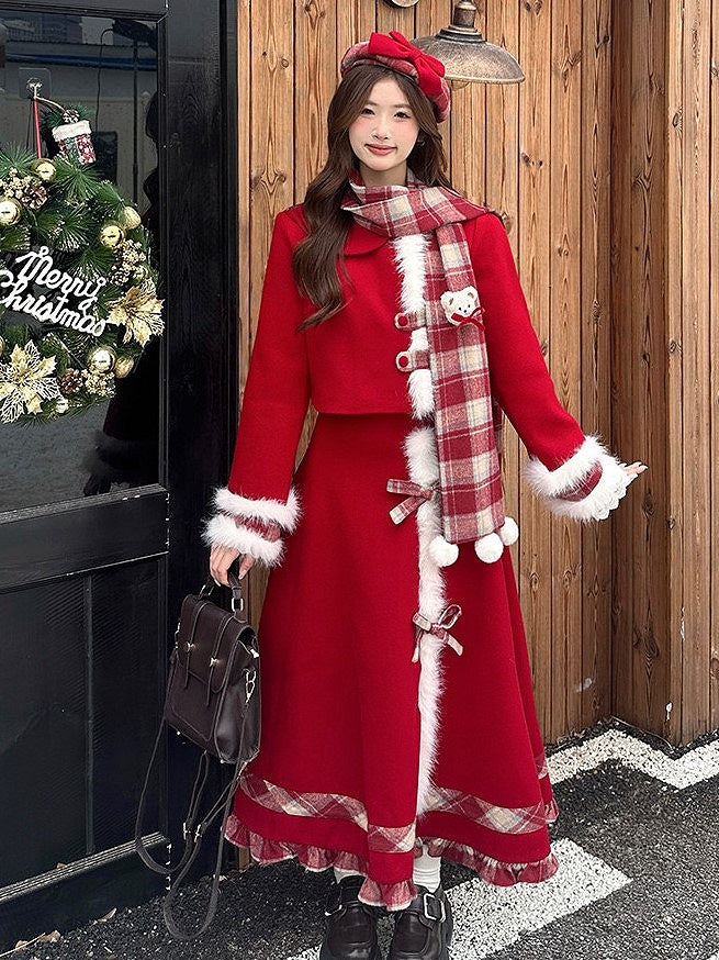 Elegant Plaid Classic + Lolita Skirt Hem Trim Fur Ruffle Scarf Faux Top Set Red