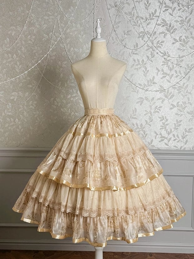 Ruffle Skirt Champagne Print and Kitty Bunny Lolita Tiered