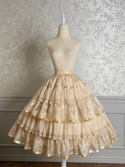 Ruffle Skirt Champagne Print and Kitty Bunny Lolita Tiered