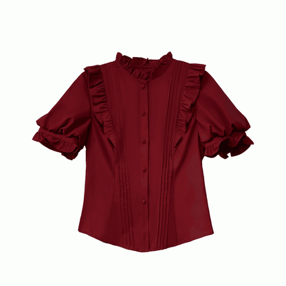 Wine Red Ruffle Neckline Blouse with Puff Sleeves and Pleating Details
