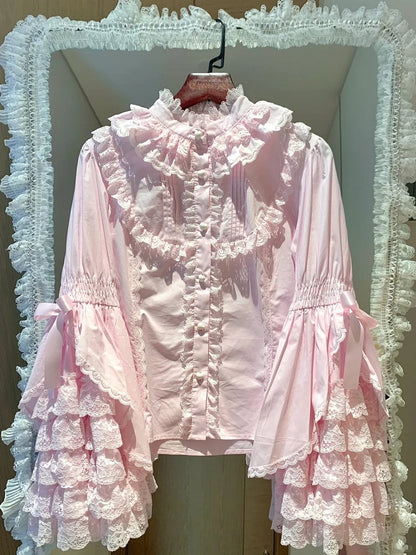 Lace Blouse Lolita Pink Sleeves Layered Bell Light