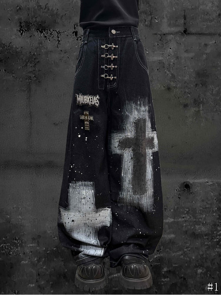 Wasteland Paint and Cross Dark with Wide-Leg Blue Y2K Splatter Jeans Punk Design