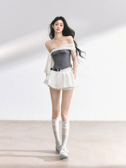 Slim-fitting Straps Top with White Strapless Gray Design Self-tie