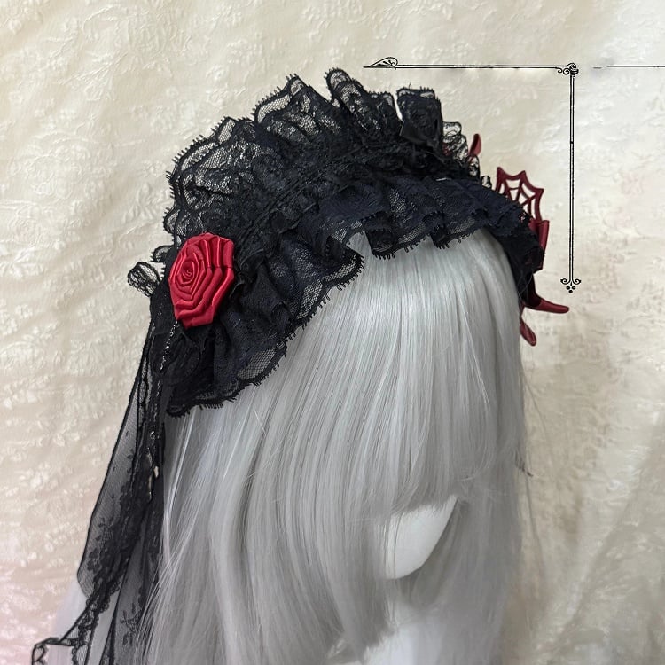5 with - Gothic Lolita Options Accents Hairbands Lace Color Web Rose/Spider (Red