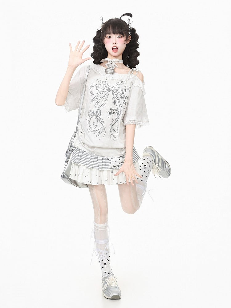 White Asymmetrical Shoulder Short Sleeve T-Shirt with Bow Print & Lace Trim - Languid Park