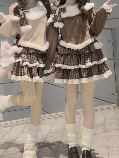Top Shoulder Sweet Set Skirt Brown Cutout Plaid Lolita + Knit