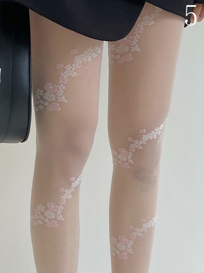 Semi-sheer Options Polka-dot 5 Bowknot Pattern Lolita Tights Black/White