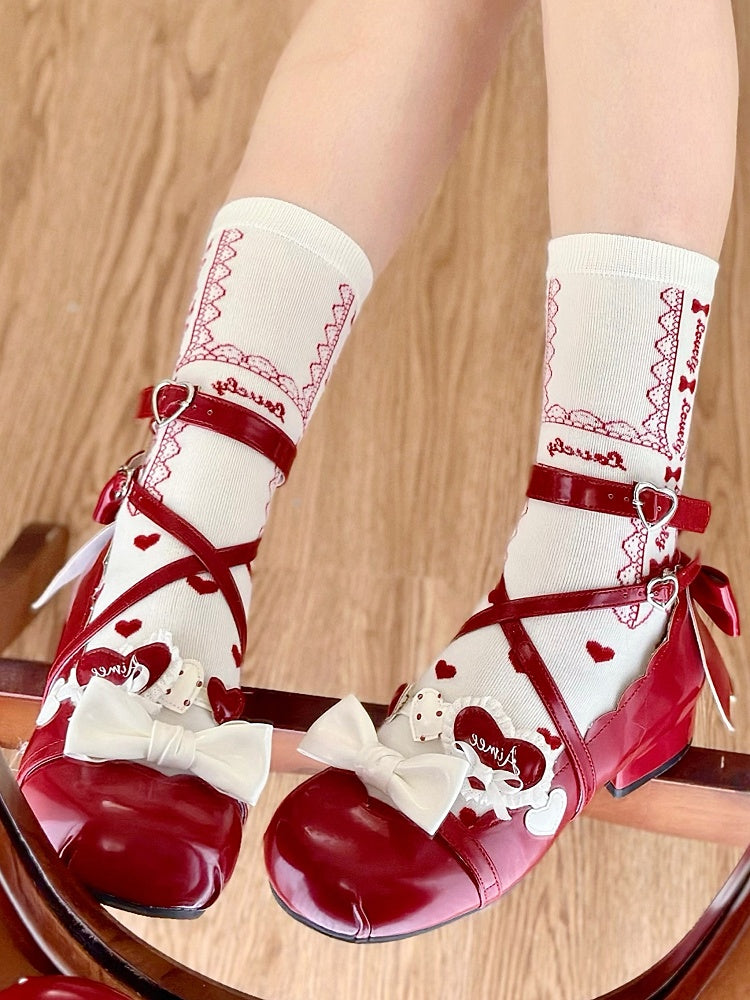 Socks Pattern Print Calf White Heart Lolita Bowknot Lace and Red