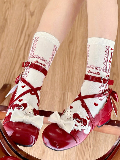 Socks Pattern Print Calf White Heart Lolita Bowknot Lace and Red