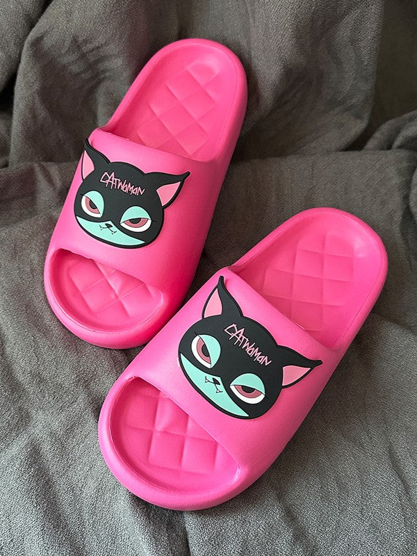 Slippers Summer Cat Gothic Black and With Applique Pink Green
