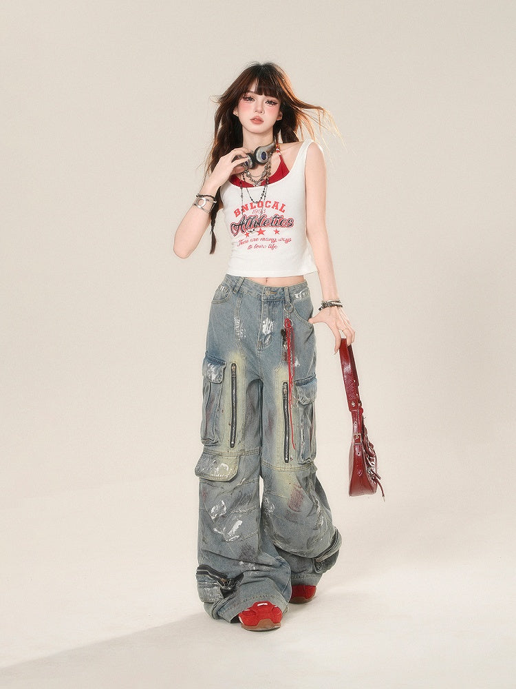 Drucken Glamouröse Rot und Weiß Neckholder Brief Zwei-stück Tank Top Faux